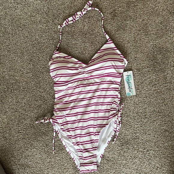 FRESHWATER RUCHED SIDE STRIPED HALTER ONE PIECE SWIMSUIT SIZE S #573 - Picture 2 of 4